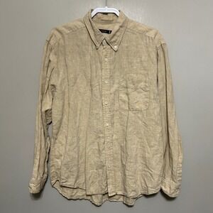 Visitor Men's Button Down Shirt L Tan 100% Linen Long Sleeve Casual  Lagenlook